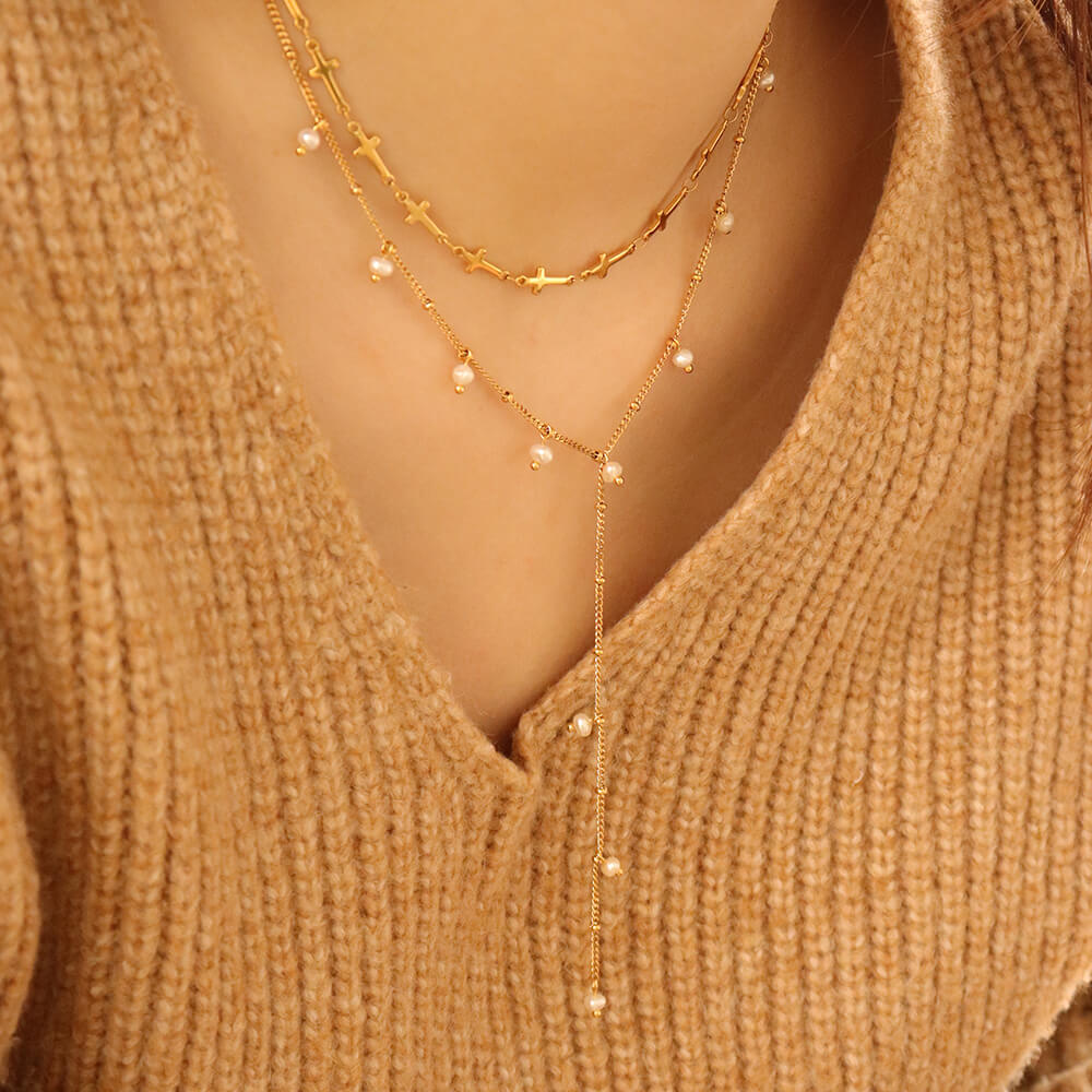 Livia Gold Pearl Lariat Necklace